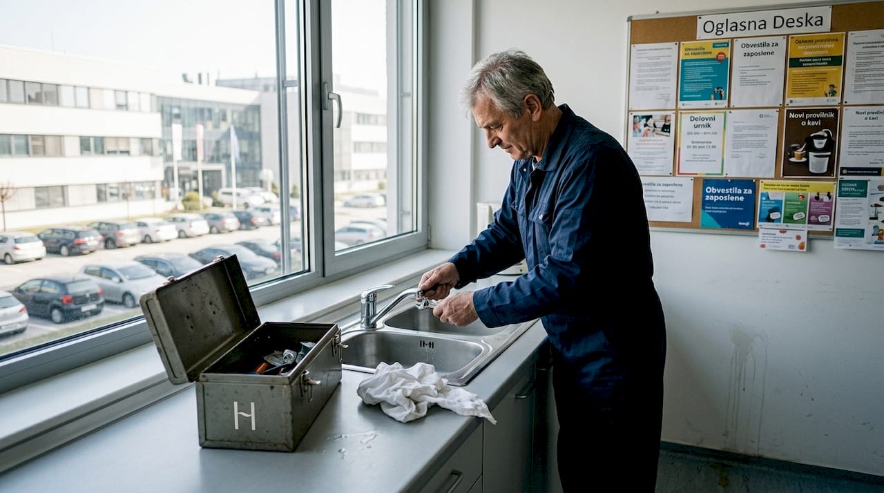 Serviser ureja težave s pipo v kuhinjah podjetja.