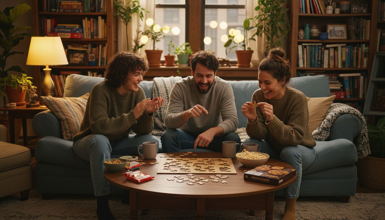 Group of friends collaborating on puzzle at home