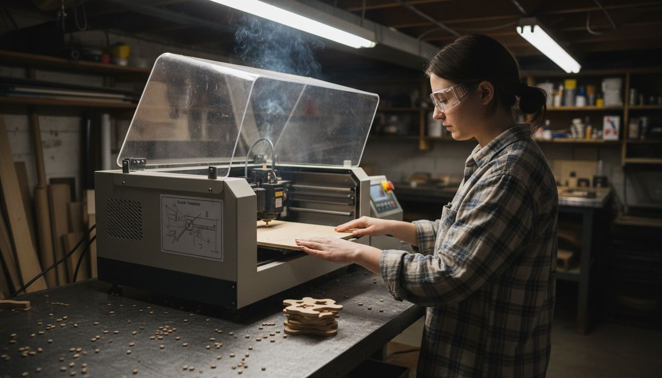 Laser cutting wooden puzzle in basement studio