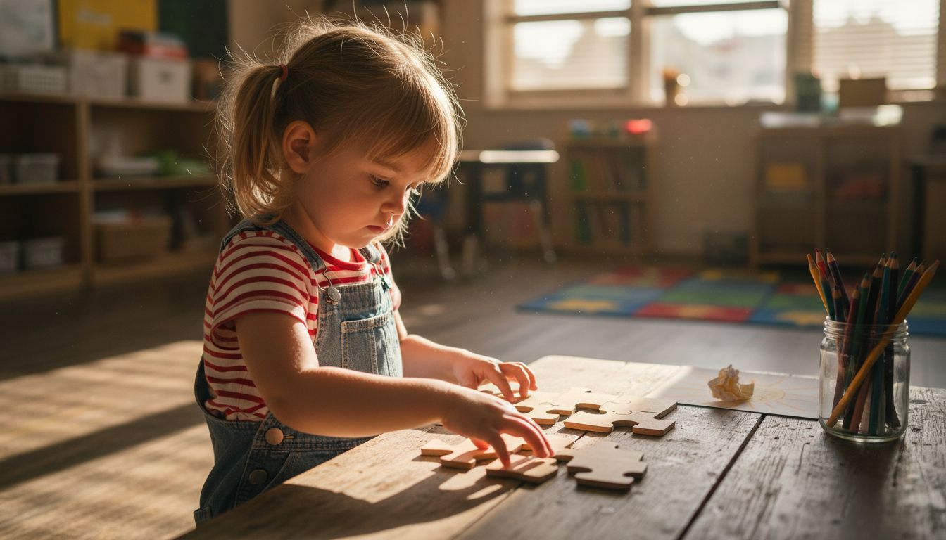 Girl feeling wooden puzzle texture at table