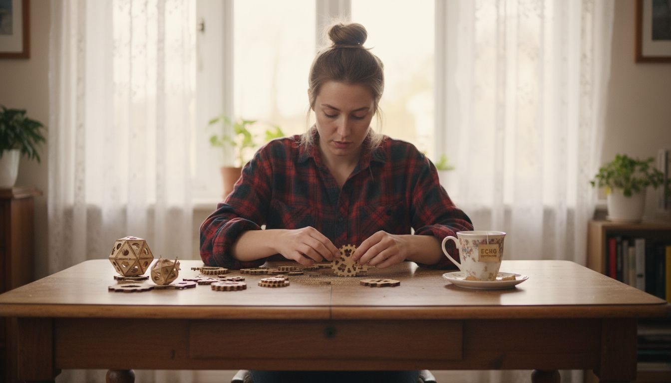 Pessoa a montar um puzzle 3D de madeira à mesa