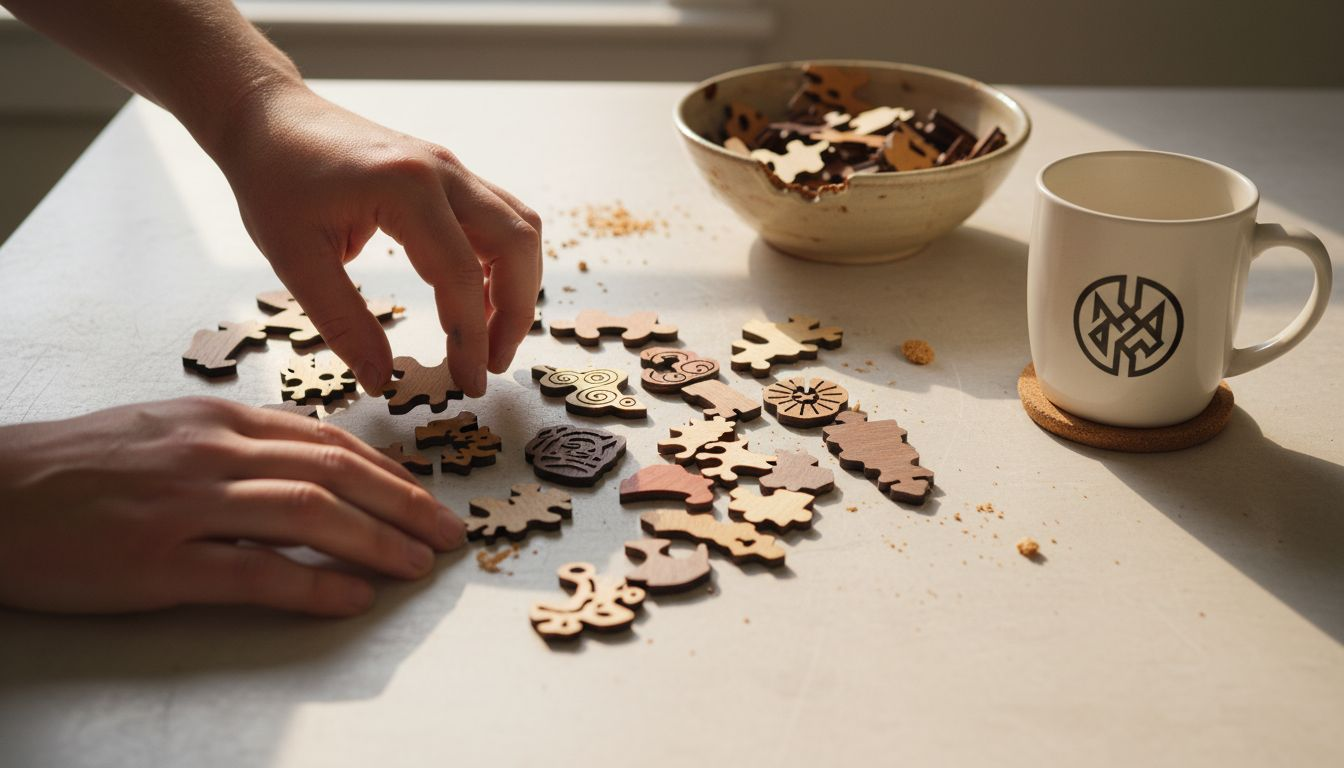 Hands feeling textured wooden puzzle pieces