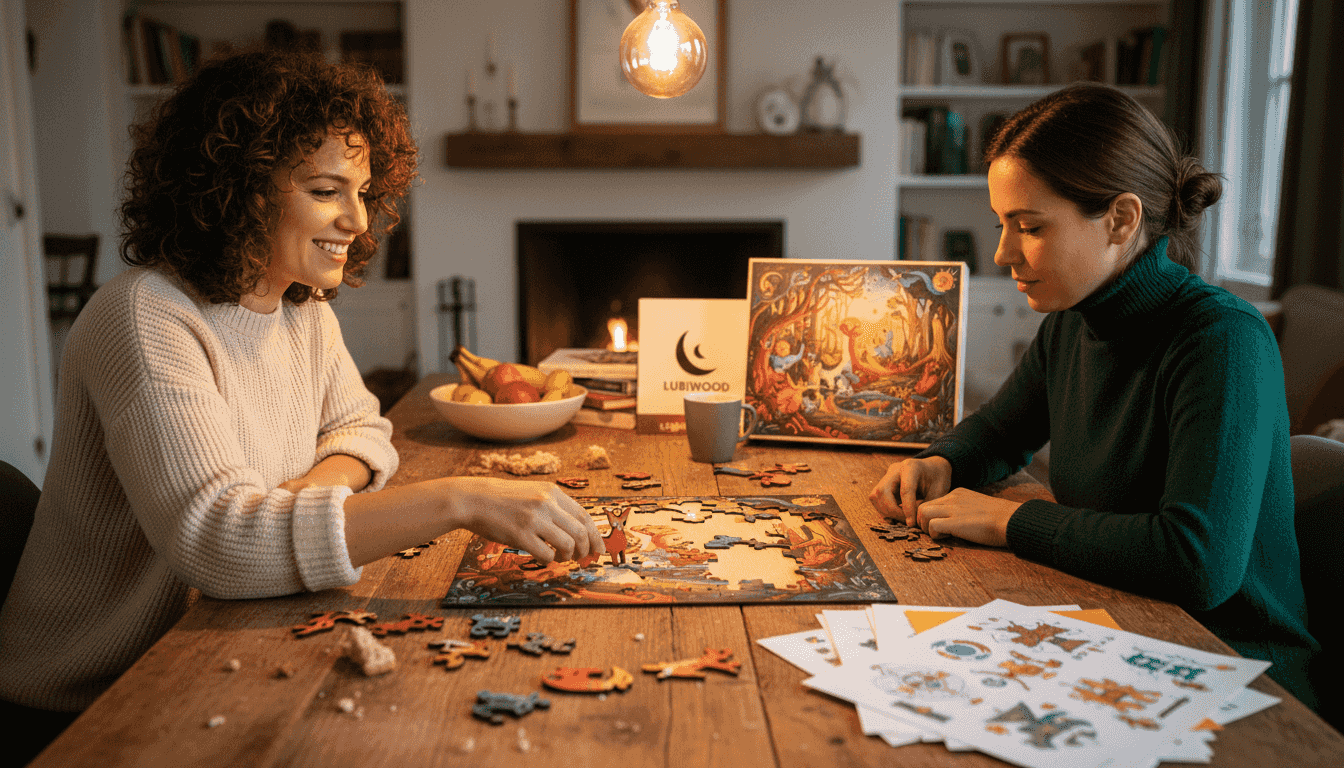 Family working together on wooden puzzle