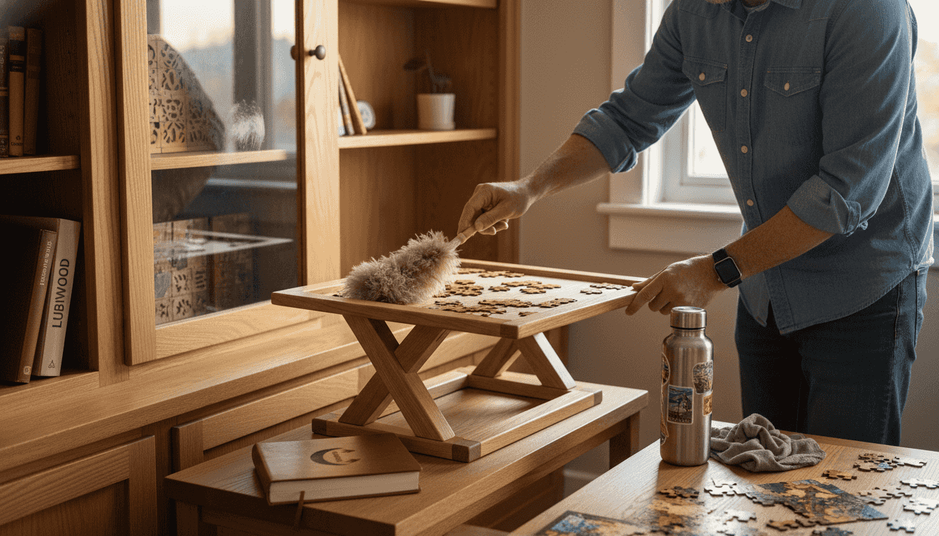 Man cleaning sustainable wooden puzzle stand