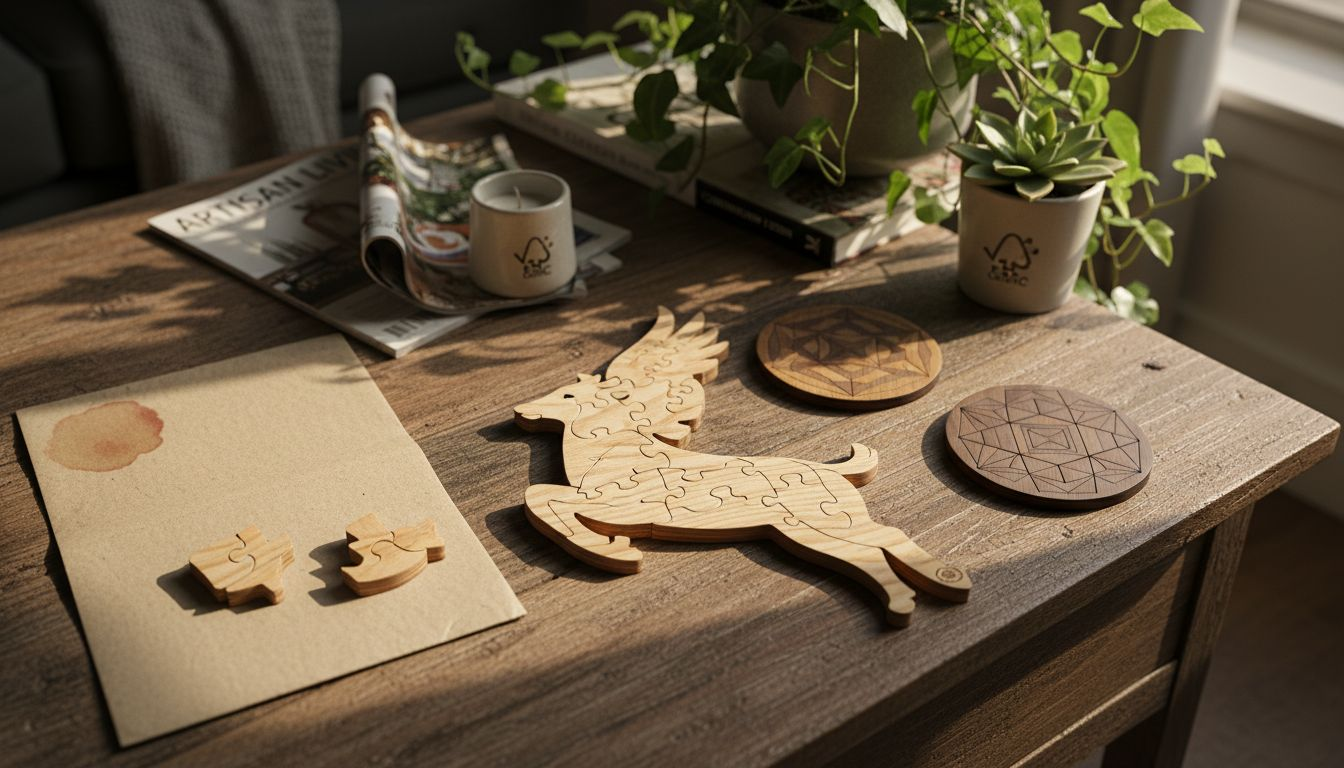 FSC-certified wooden puzzles on table