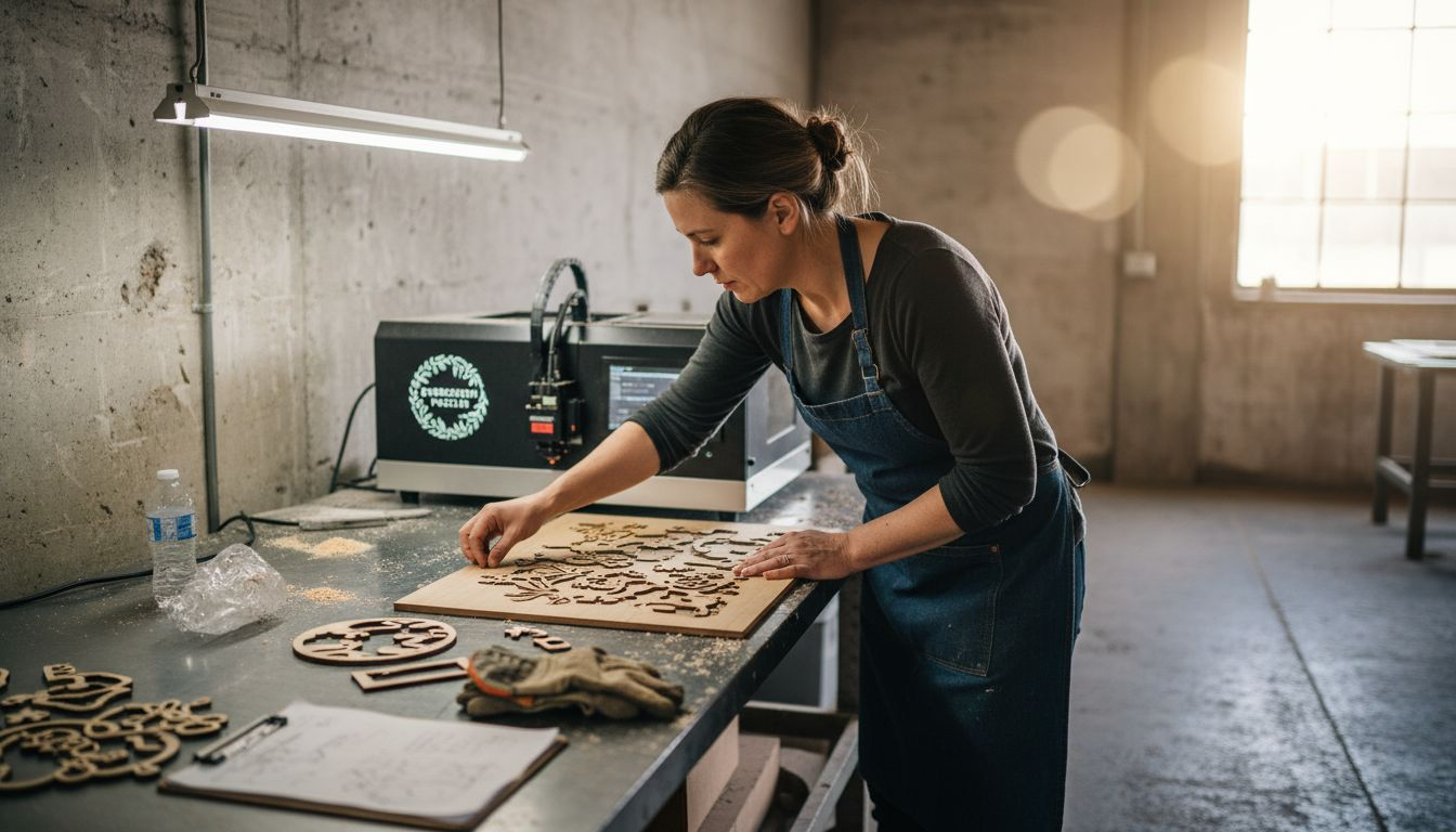 Technician laser cutting wooden puzzle pieces