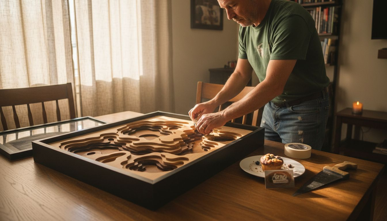 Bărbat încadrând un puzzle sculptat din lemn