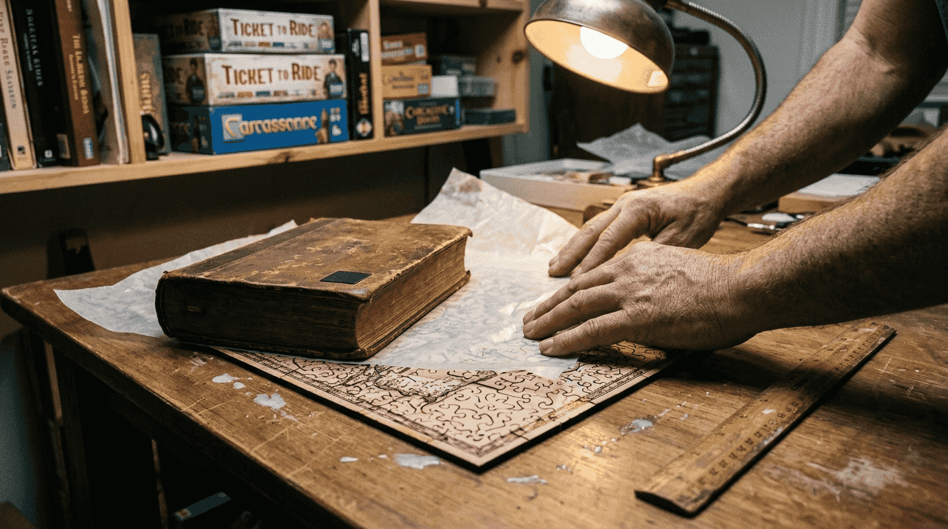 Hands gluing down completed jigsaw puzzle