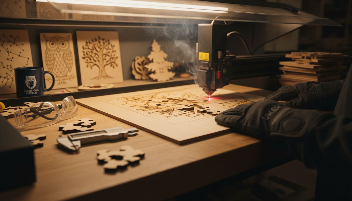 Laser cutter engraving wooden puzzle