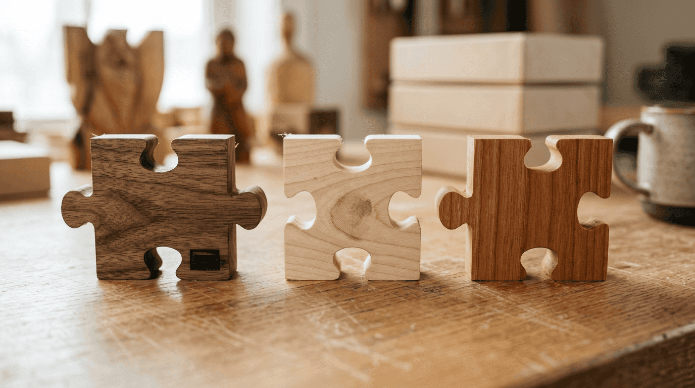 Zbliżenie na trzy drewniane elementy układanki