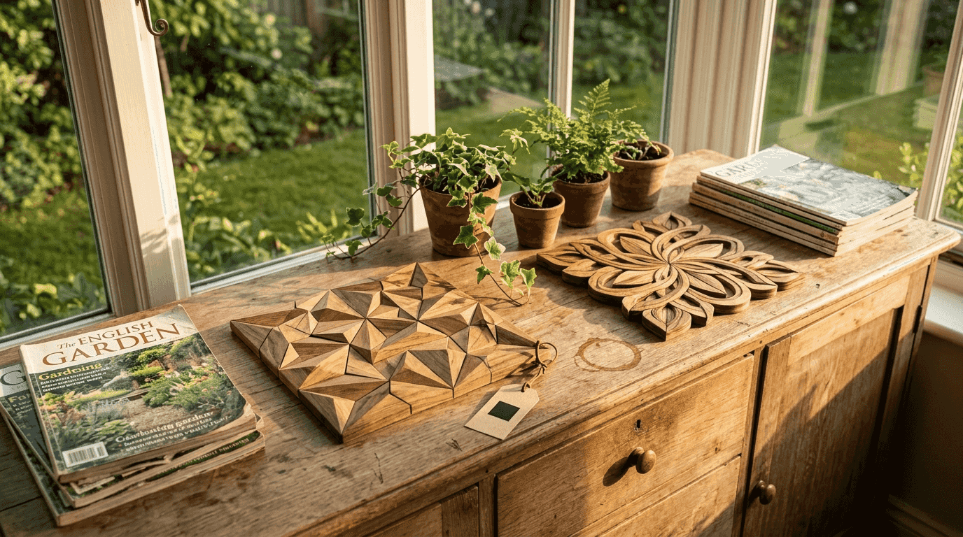 Wooden puzzles displayed with houseplants on shelf