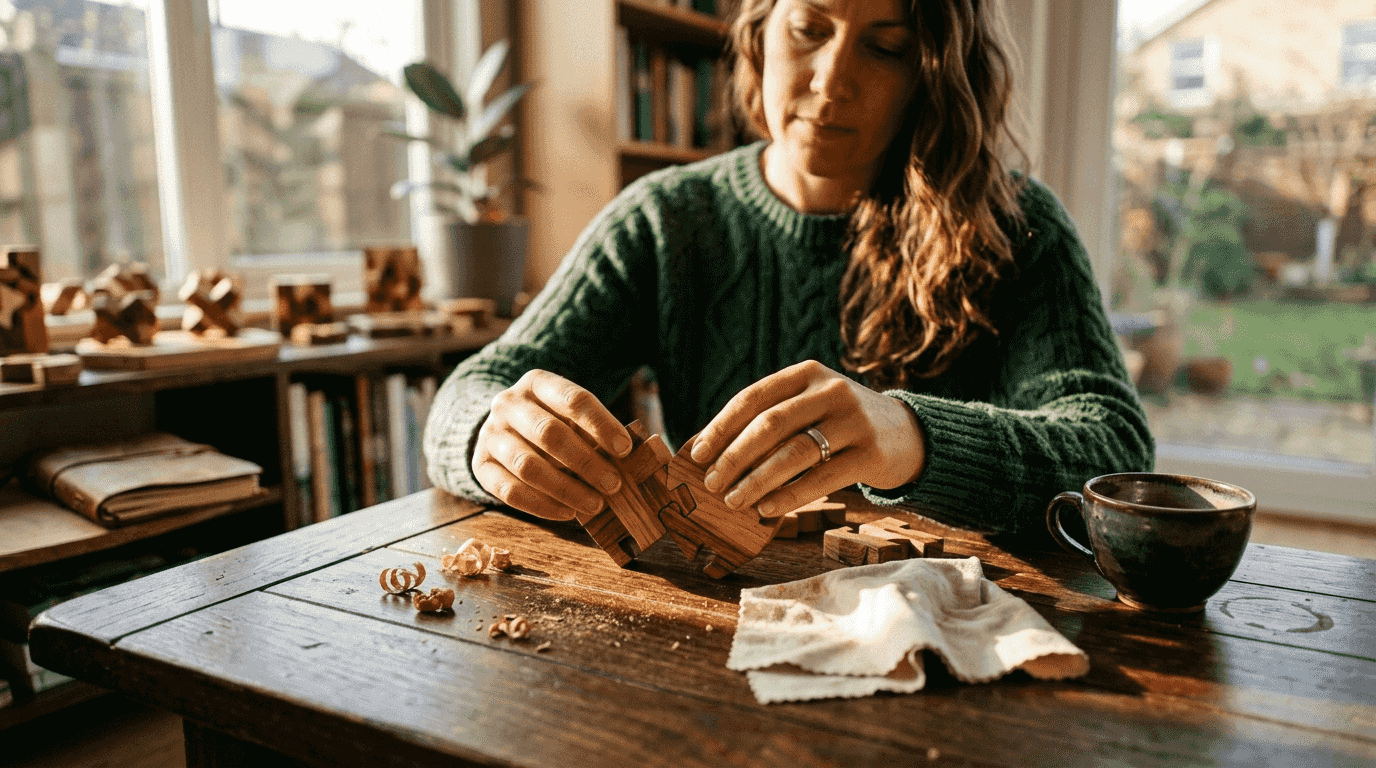 Prim-plan cu mâini care asamblează piesele unui puzzle din lemn