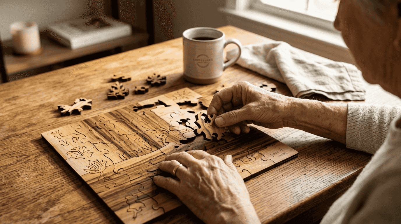 Hands joining unique wooden puzzle pieces on table