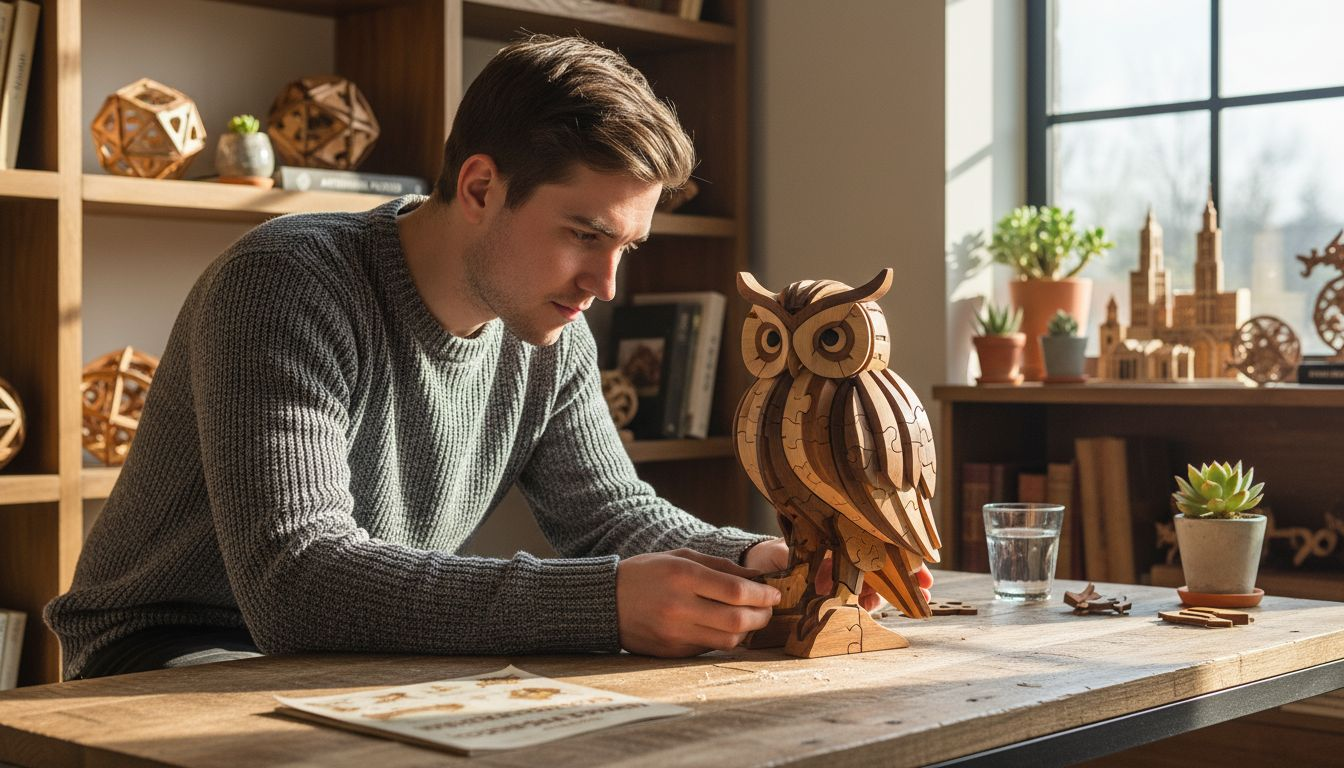 Man completing 3D wooden specialty puzzle