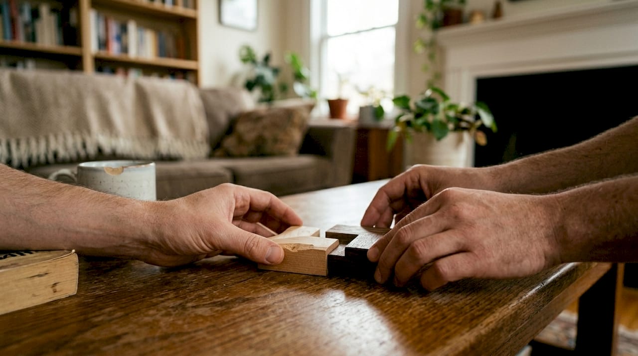 Detailní záběr rukou, jak skládají roh puzzle