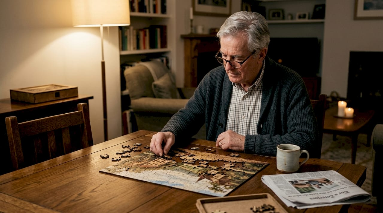 Starší muž soustředěný na skládání puzzle u jídelního stolu