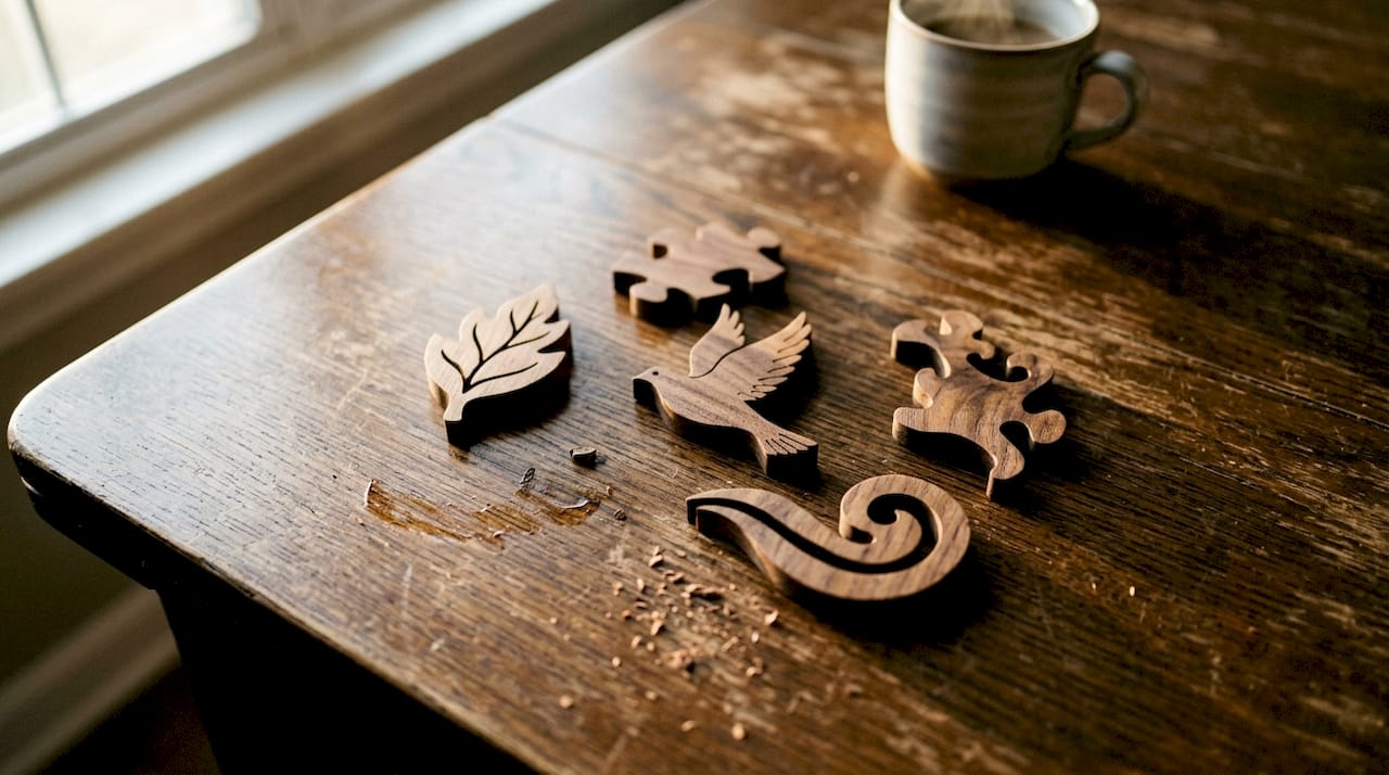 Detailní záběr na složitou dřevěnou skládačku Kusy