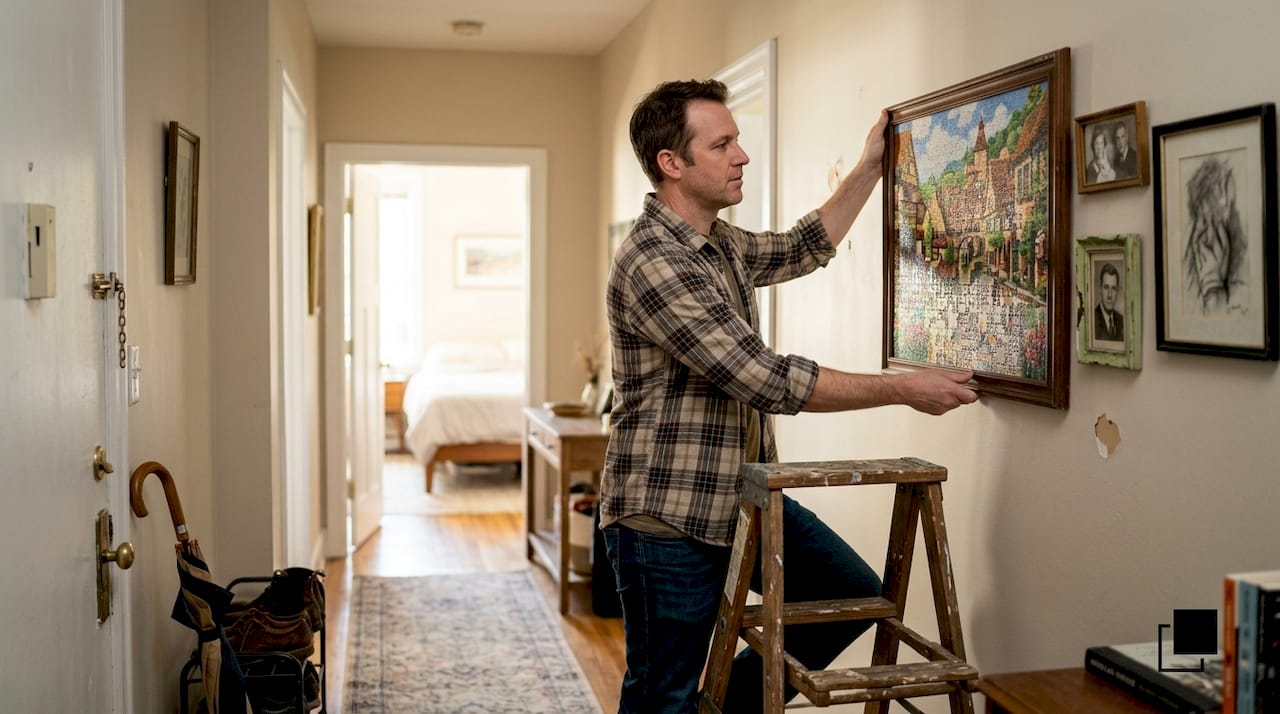 Moški, ki v hodniku obeša sestavljanko v okvirju