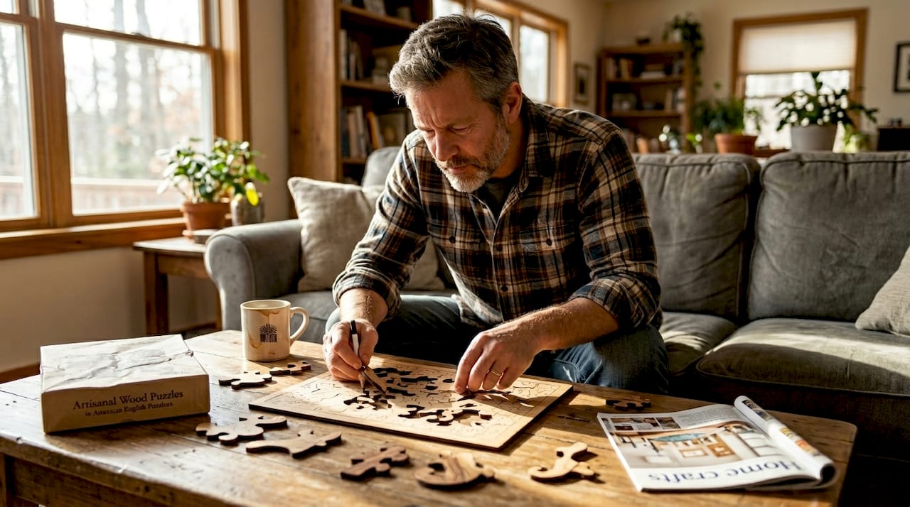 Moški, ki razvršča neobičajno oblikovane koščke sestavljanke