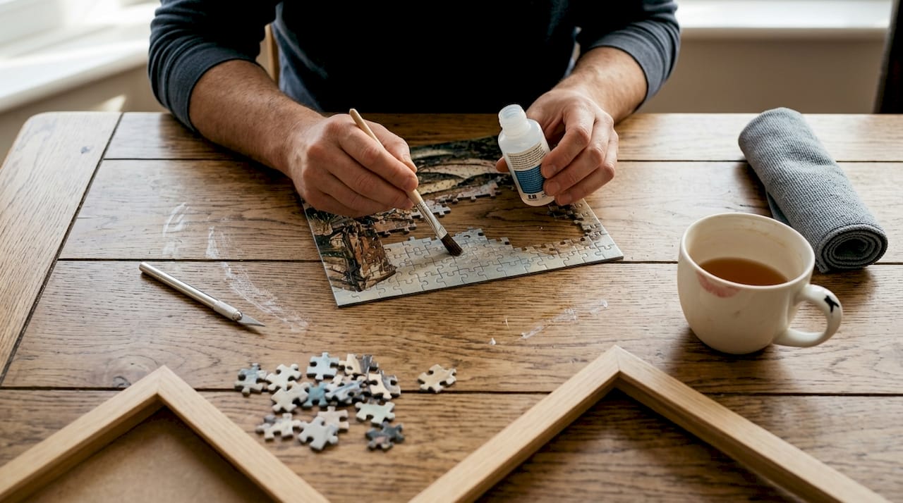 Orodja in materiali za sestavljanje sestavljank na mizi