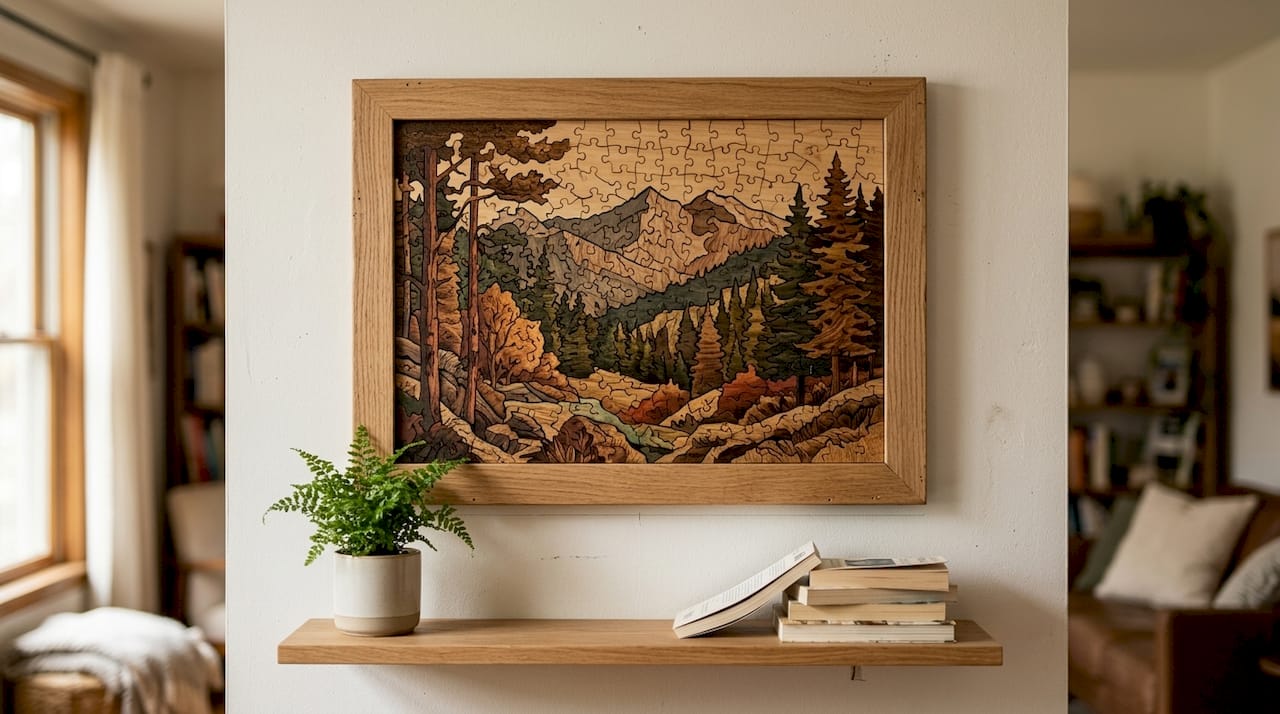 Lesena sestavljanka v okvirju, ki visi na steni v dnevni sobi