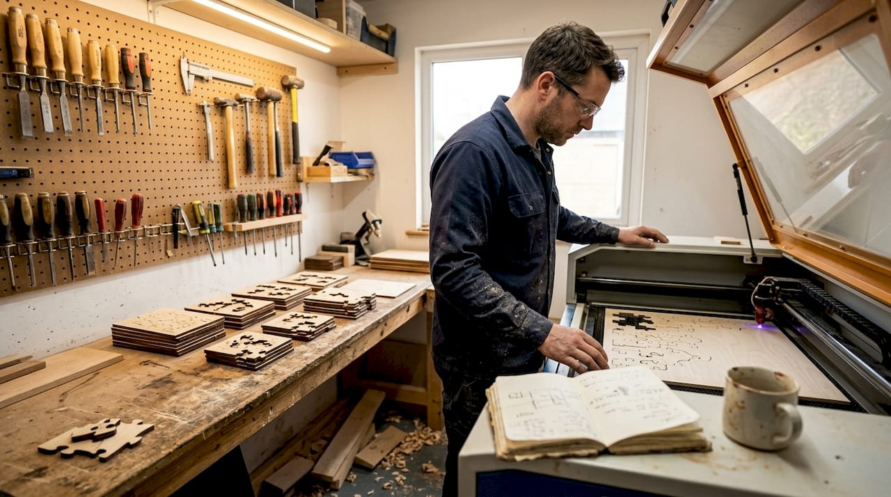 Artisan using laser cutter for wood puzzle