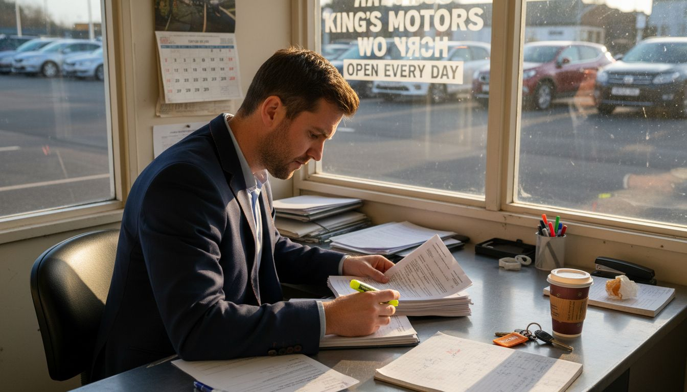Man reviewing car finance documents at dealership desk