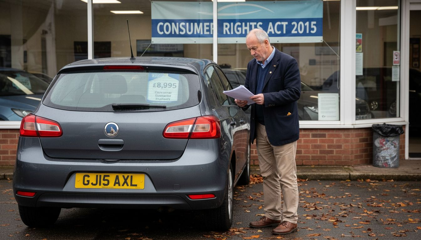 Buyer comparing car paperwork at dealership