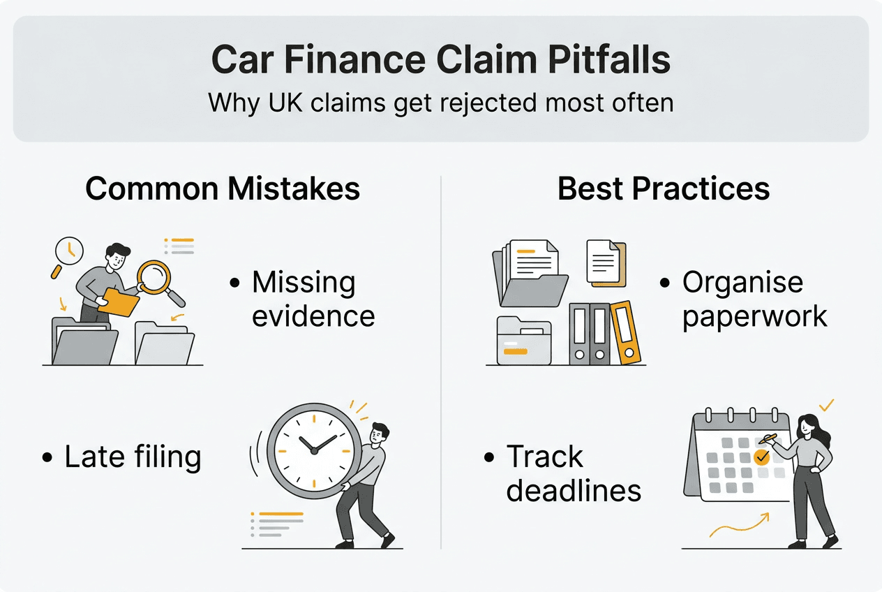 Infographic of UK car finance claim pitfalls and best practices