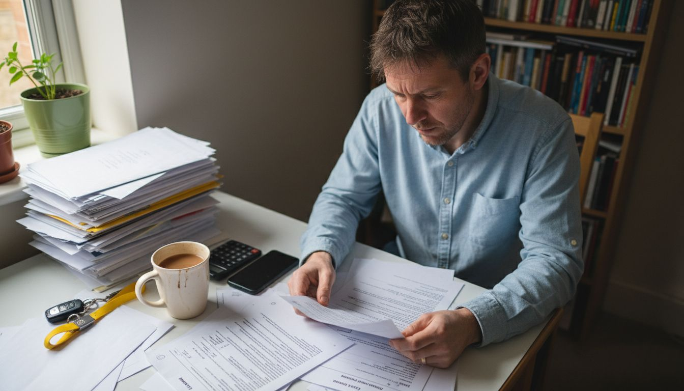 Man reviews car finance paperwork at dining table