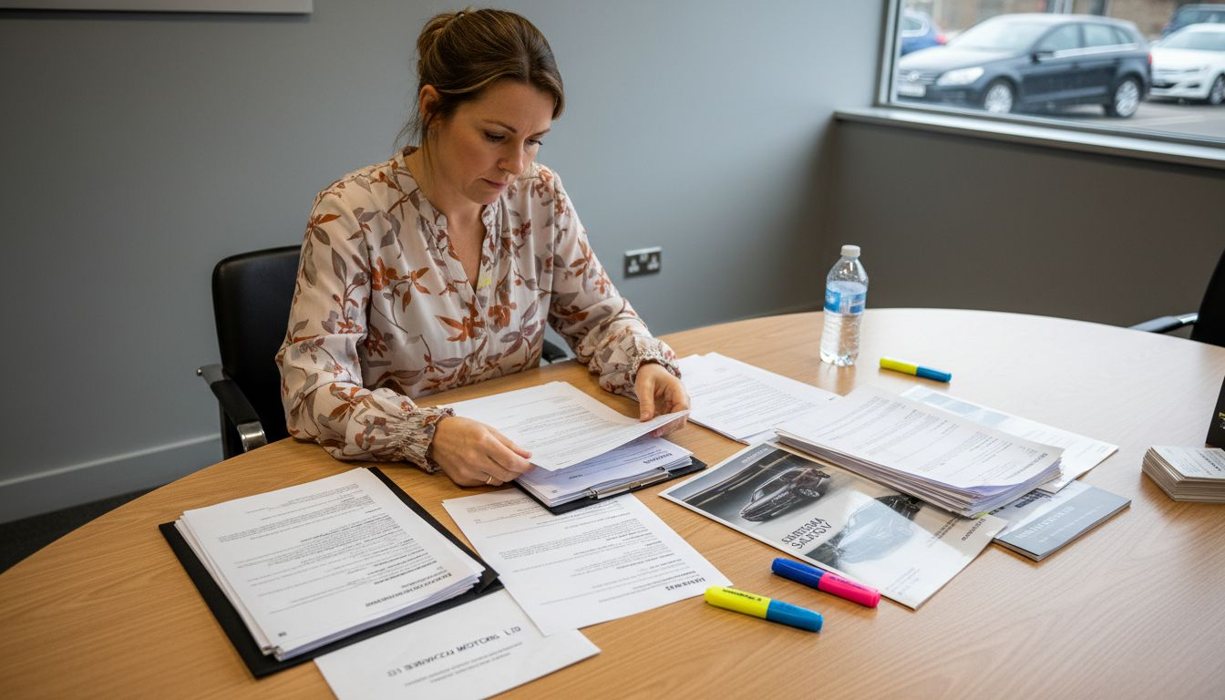 Woman reviewing pre-contract car finance brochures