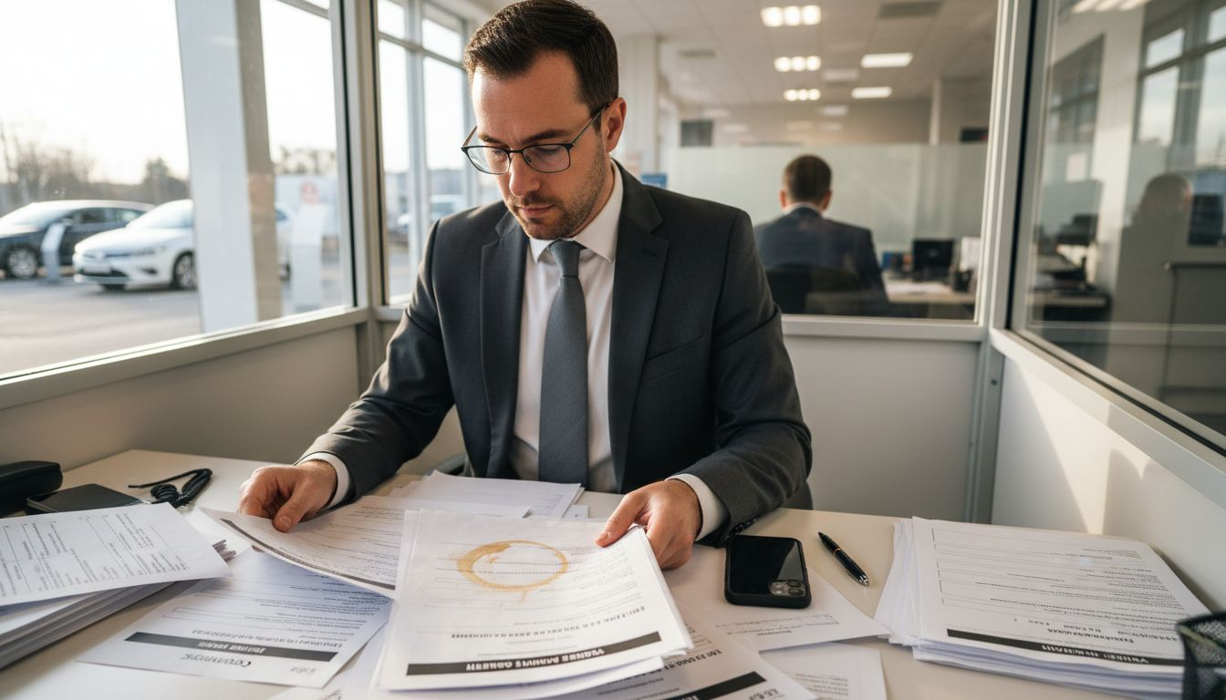 Customer reviewing car finance documents in dealership office