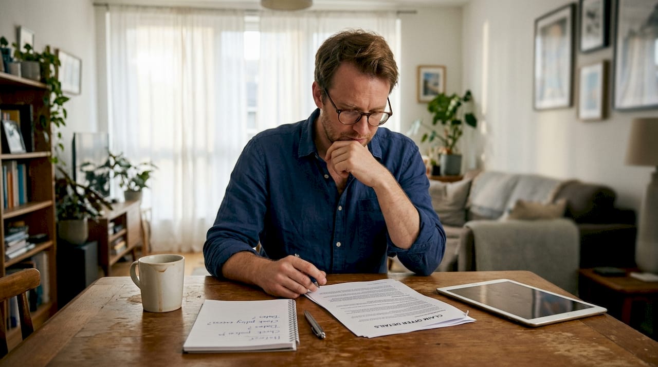 Man checking claim offer documents at home