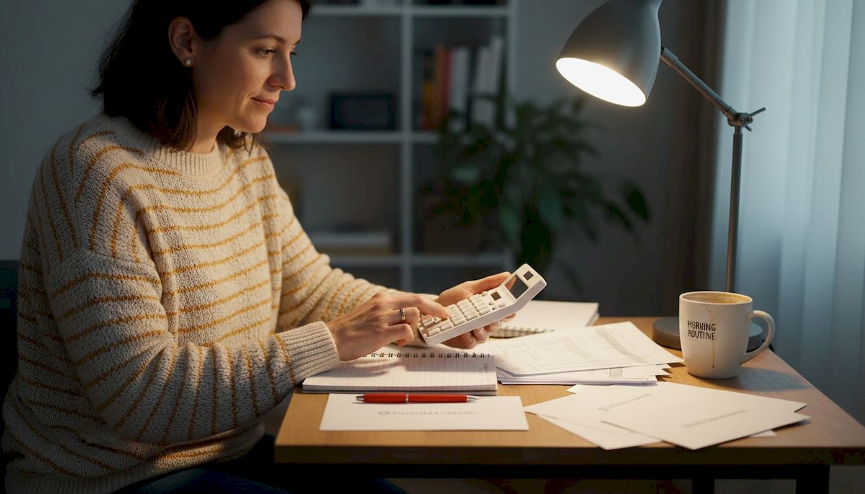 Woman calculating car finance compensation at desk