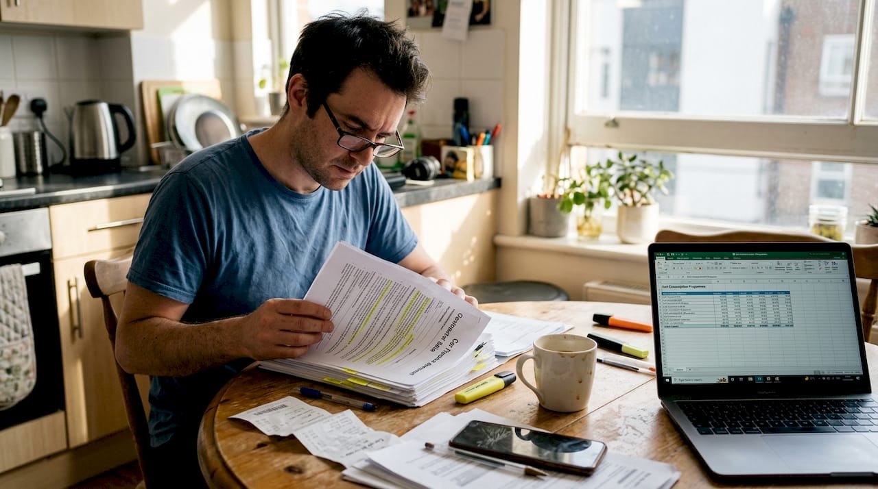Man reviewing car finance documents at kitchen table