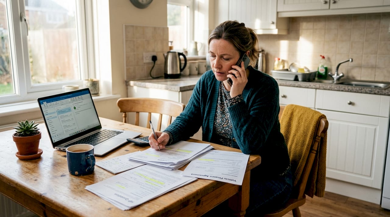 Woman reviewing car finance claim papers