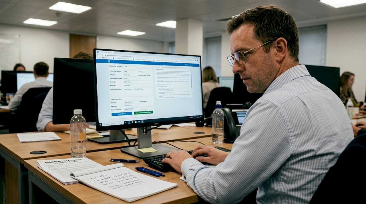 Claims specialist managing finance claim paperwork