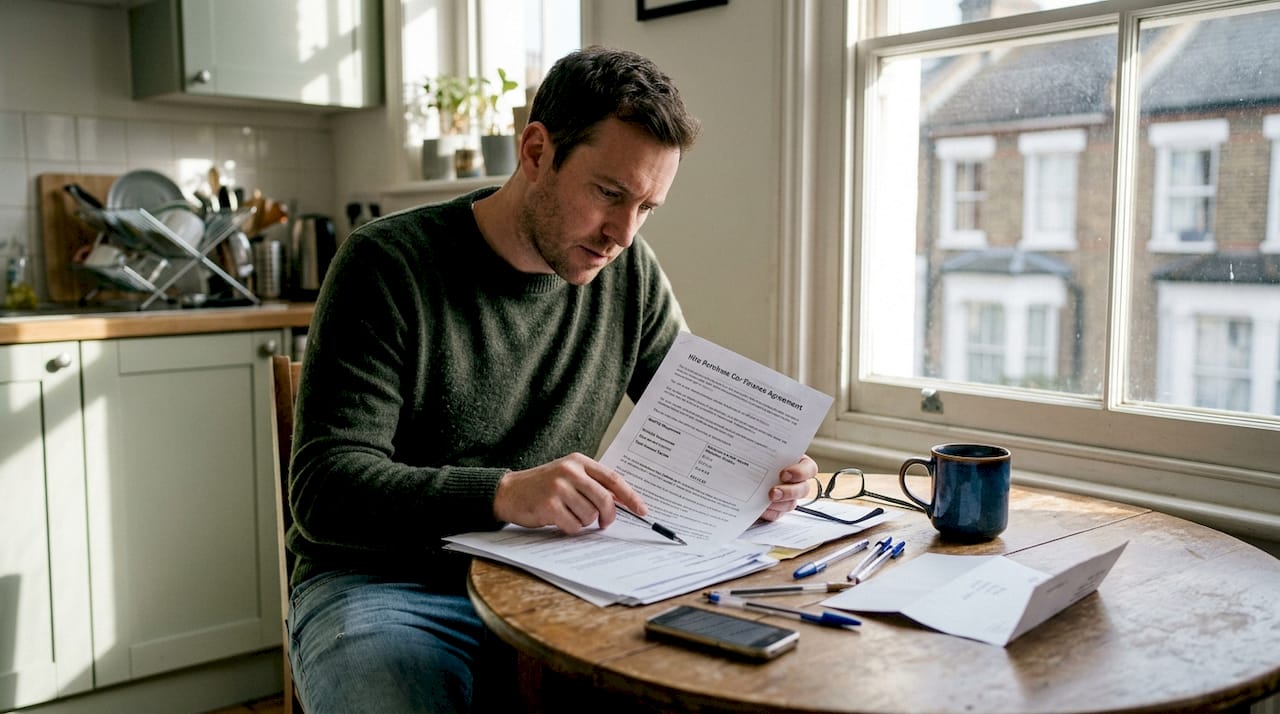 Man reviews car finance documents at kitchen table