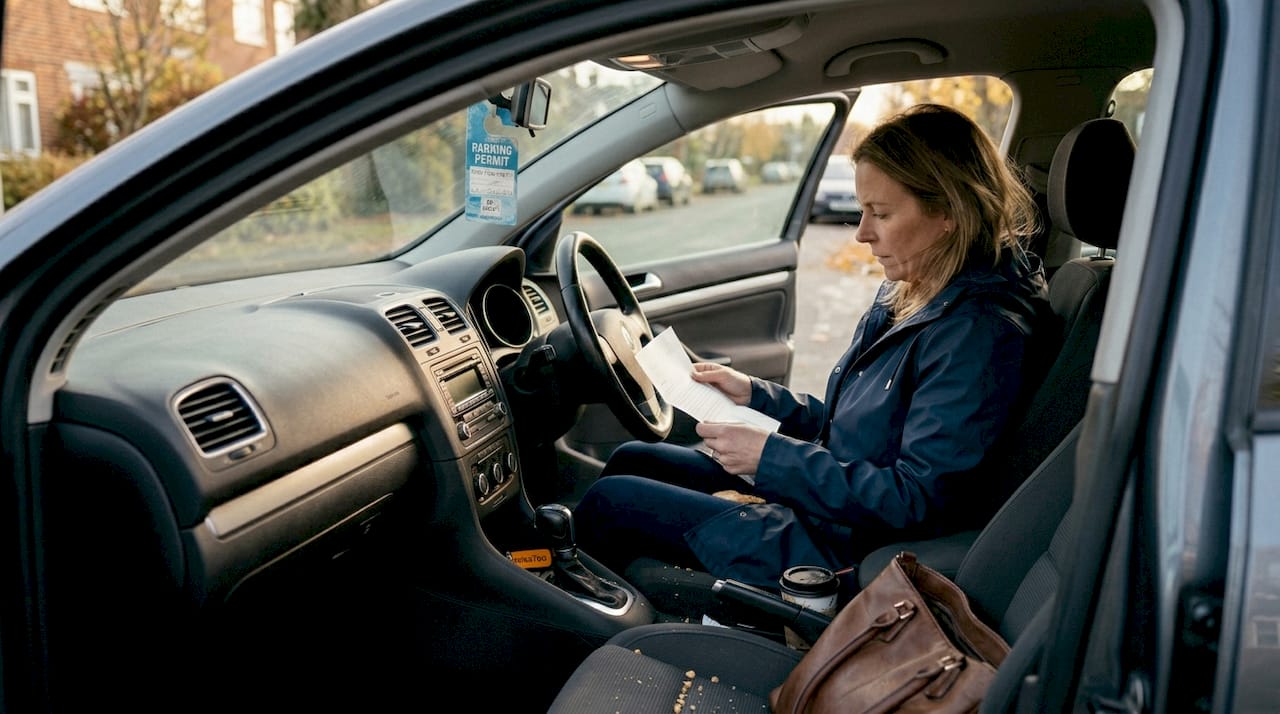 Driver reading finance letter in parked car