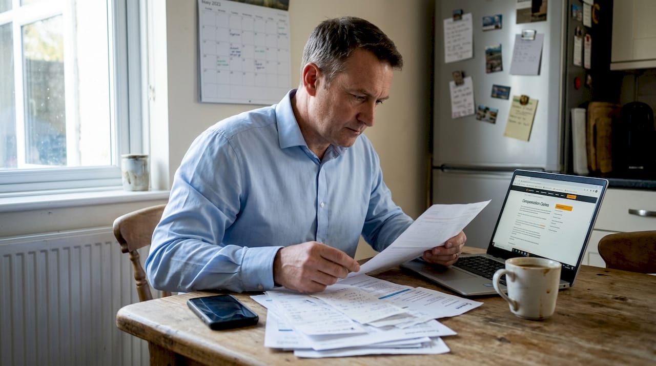Person reviewing car finance paperwork at kitchen table