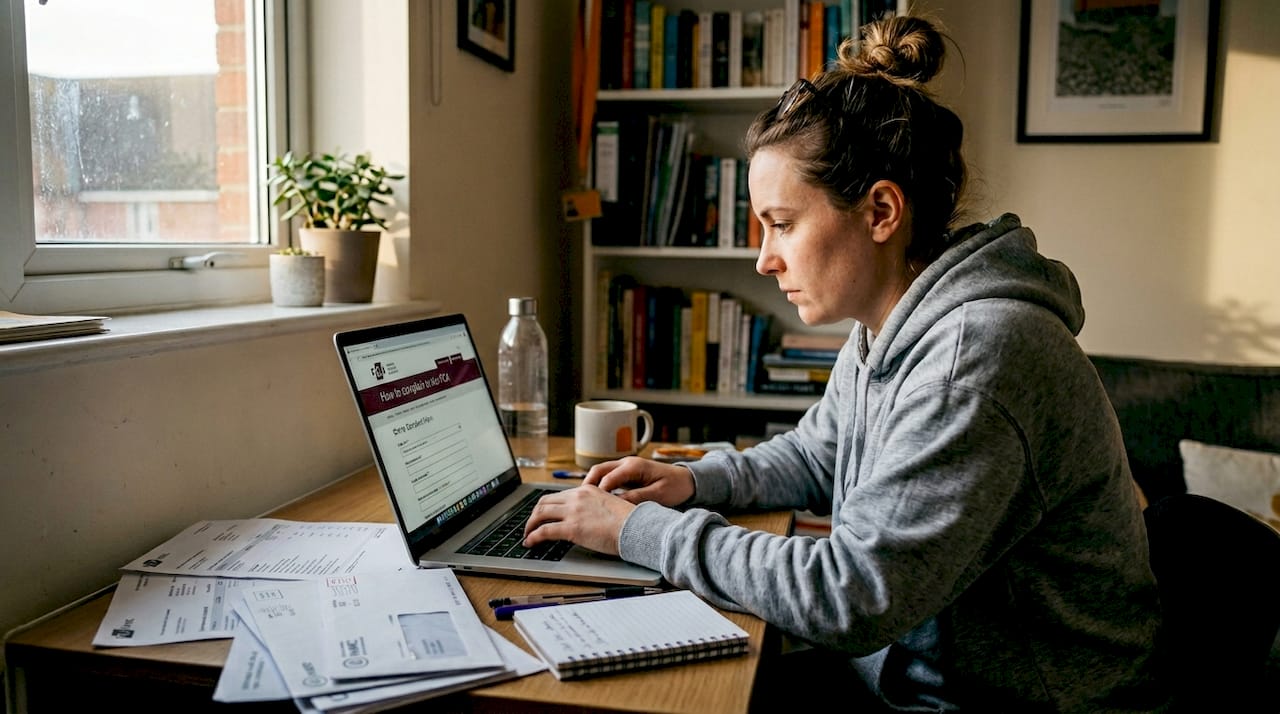 Woman submitting compensation claim at home office desk