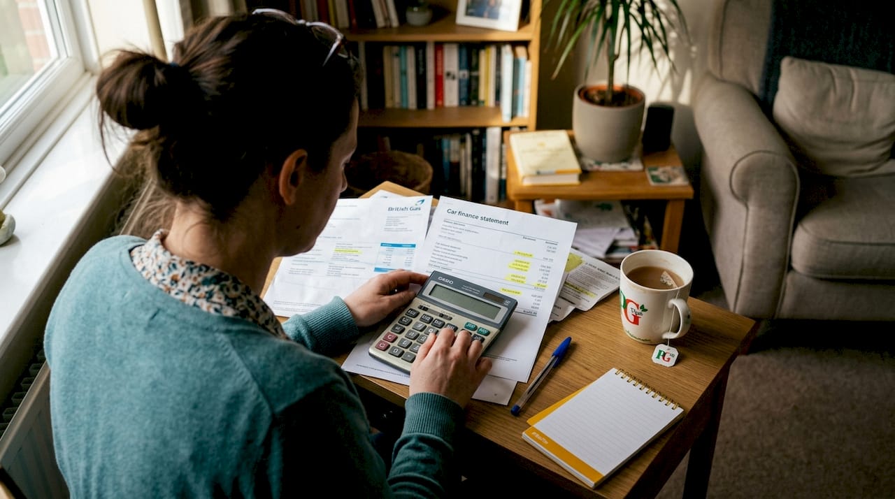 Woman tallying car finance with paperwork and calculator