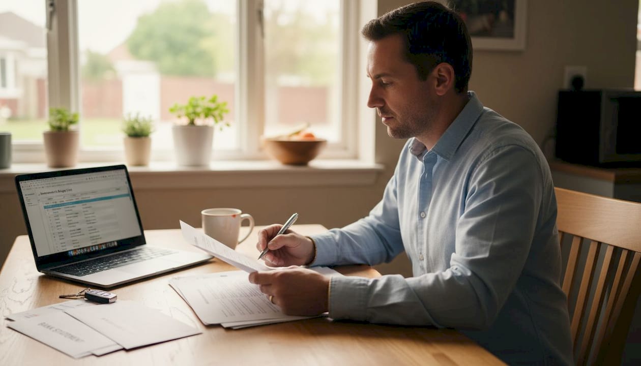 Man reviewing car finance agreement at home table