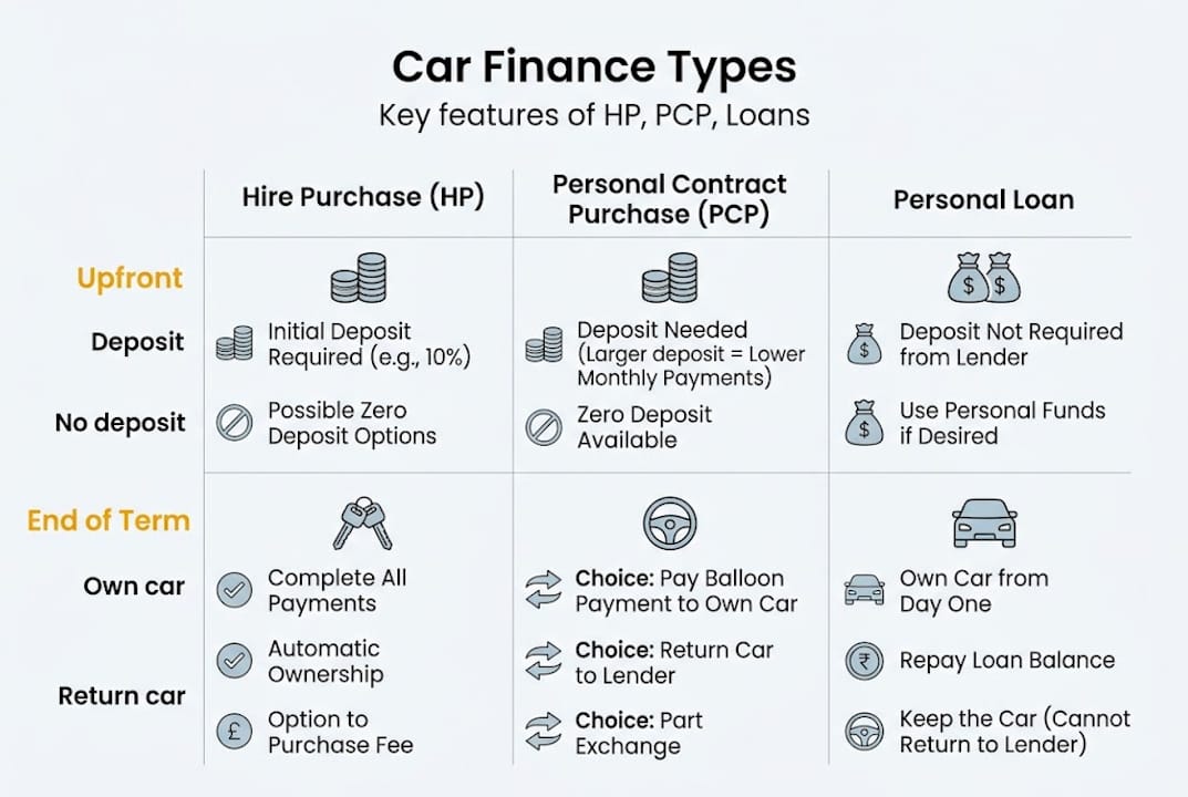 Infographic comparing main car finance types