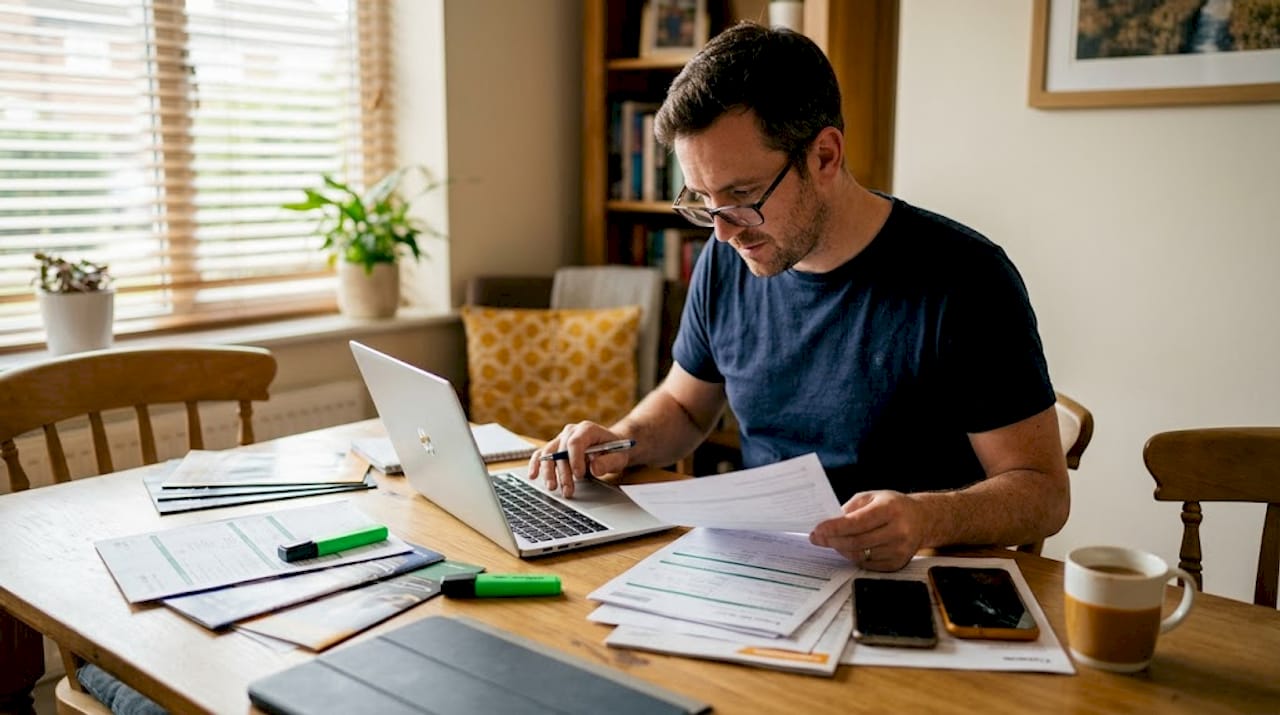 Man reviewing car finance papers at home