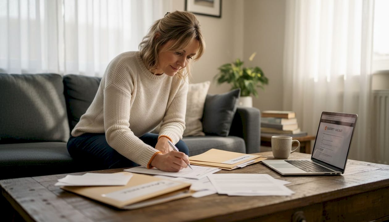 Woman completing car finance claim form at home