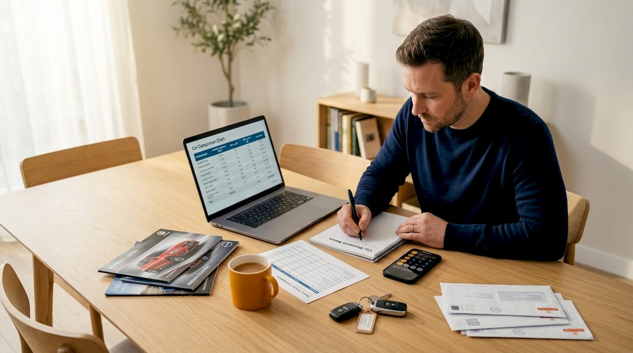 Man comparing car finance options at home table