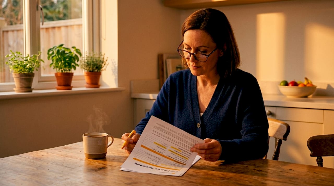 Woman reviewing car finance documents in kitchen