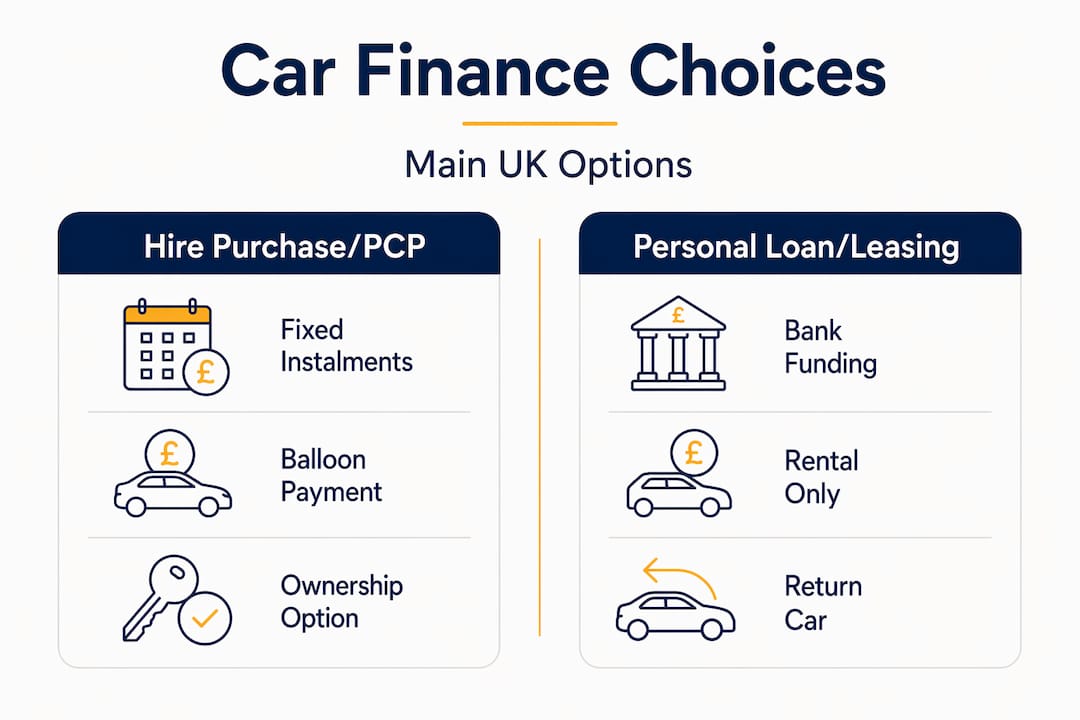Infographic comparing car finance types PCP HP loan lease