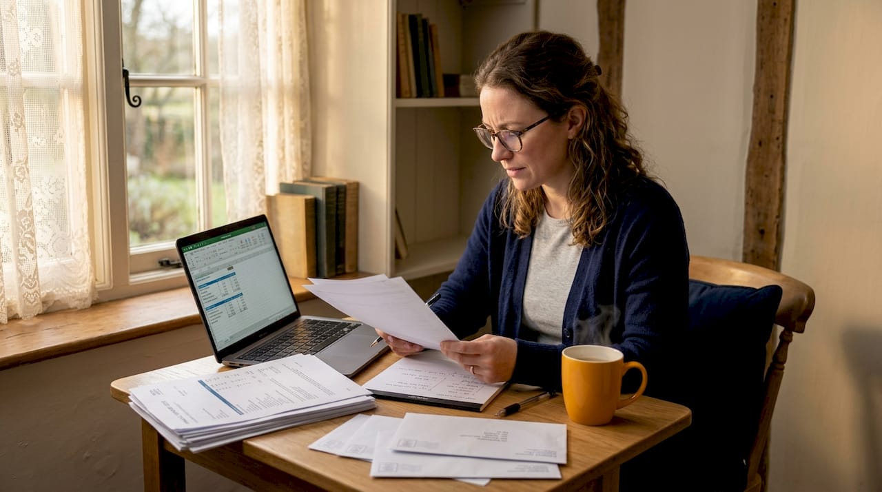 Woman reviews car finance paperwork at home table